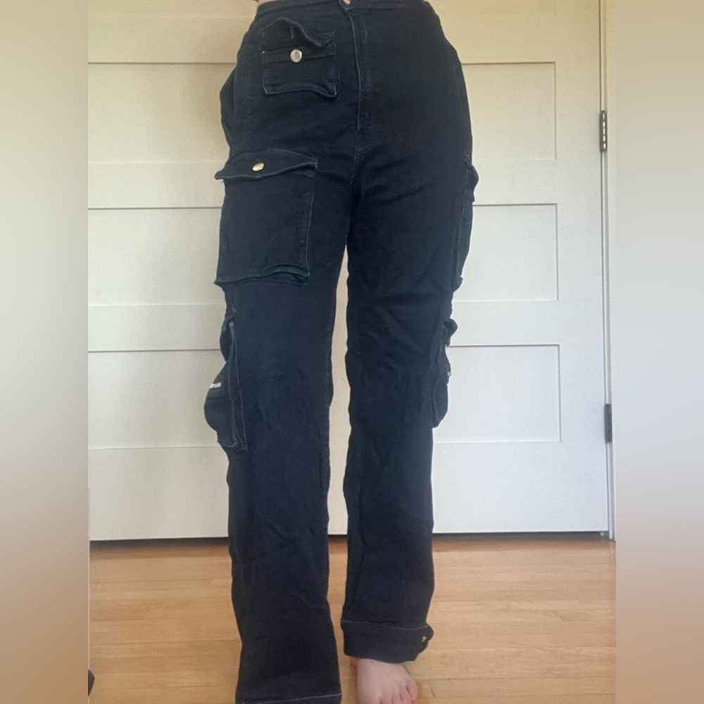 EB denim navy blue cargo jeans + comfy, elastic waist band, and usable pockets